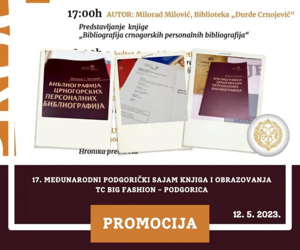 PRESENTATION OF BIBLIOGRAPHY OF MONTENEGRIN PERSONAL BIBLIOGRAPHIES TOMORROW AT THE FAIR IN PODGORICA
