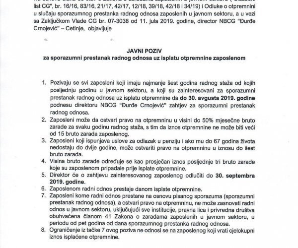 JAVNI POZIV ZA SPORAZUMNI PRESTANAK RADNOG ODNOSA