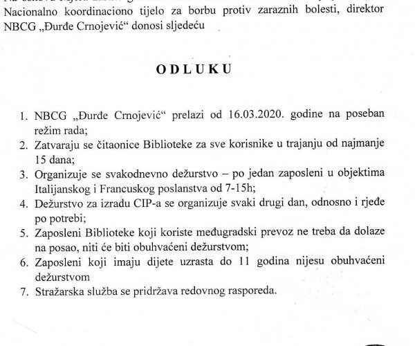 OBAVJEŠTENJE NA OSNOVU MJERA ZAŠTITE GRAĐANA CRNE GORE OD COVID-a 2019 