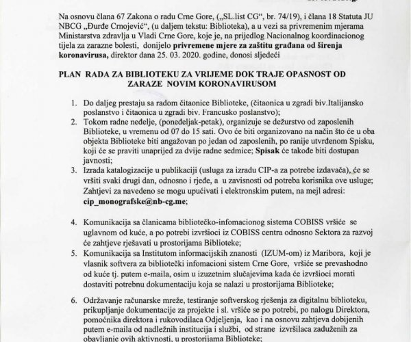 PLAN  RADA ZA BIBLIOTEKU ZA VRIJEME DOK TRAJE OPASNOST OD ZARAZE  NOVIM KORONAVIRUSOM 